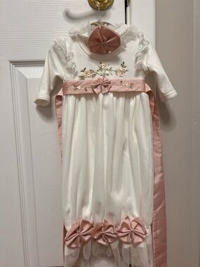 Ivory & Dusty Pink Baby Christening Gown with Floral Embroidery